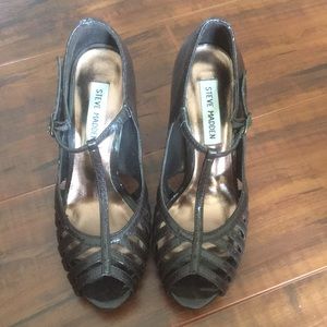 Brown T Ankle Strap Cage Heels Sandals